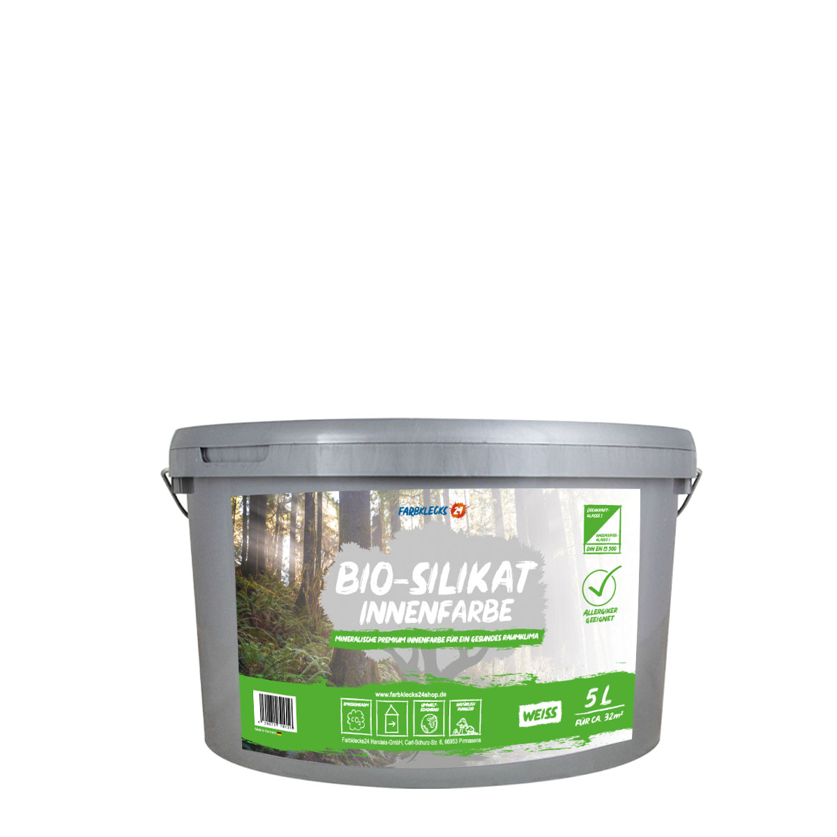 Farbklecks24 Bio Silikat Innenfarbe 5L weiss, Allergiker geeignet