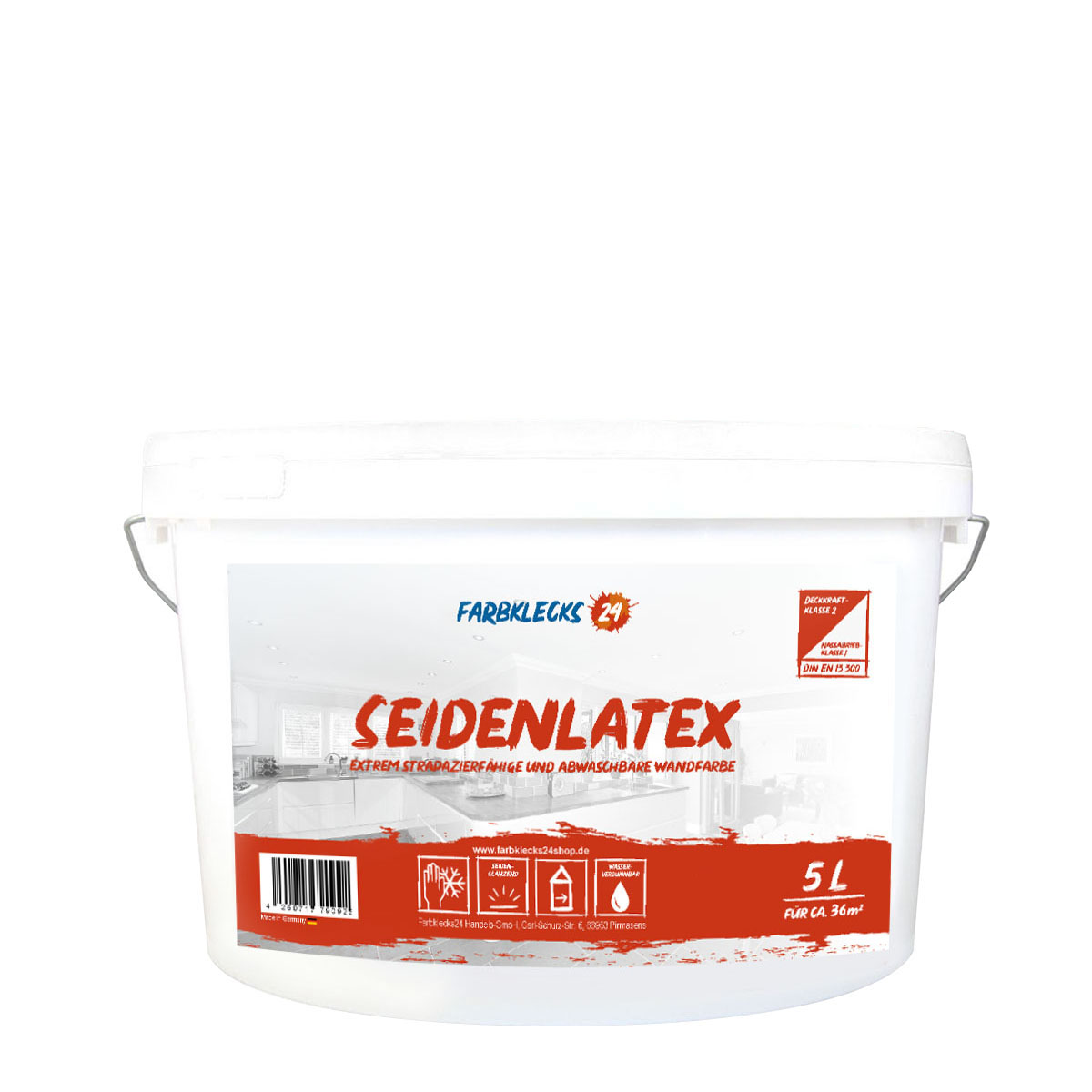 Farbklecks24 Seidenlatex 5L weiss, Innenfarbe, Seidenglänzend, abwischbare Latexfarbe, Küchenfarbe, Badfarbe