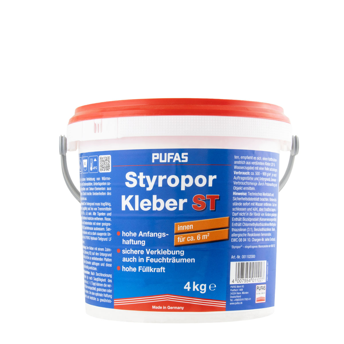 Pufas Styropor-Kleber ST 4kg, Dispersionskleber, Dämmstoffkleber für innen