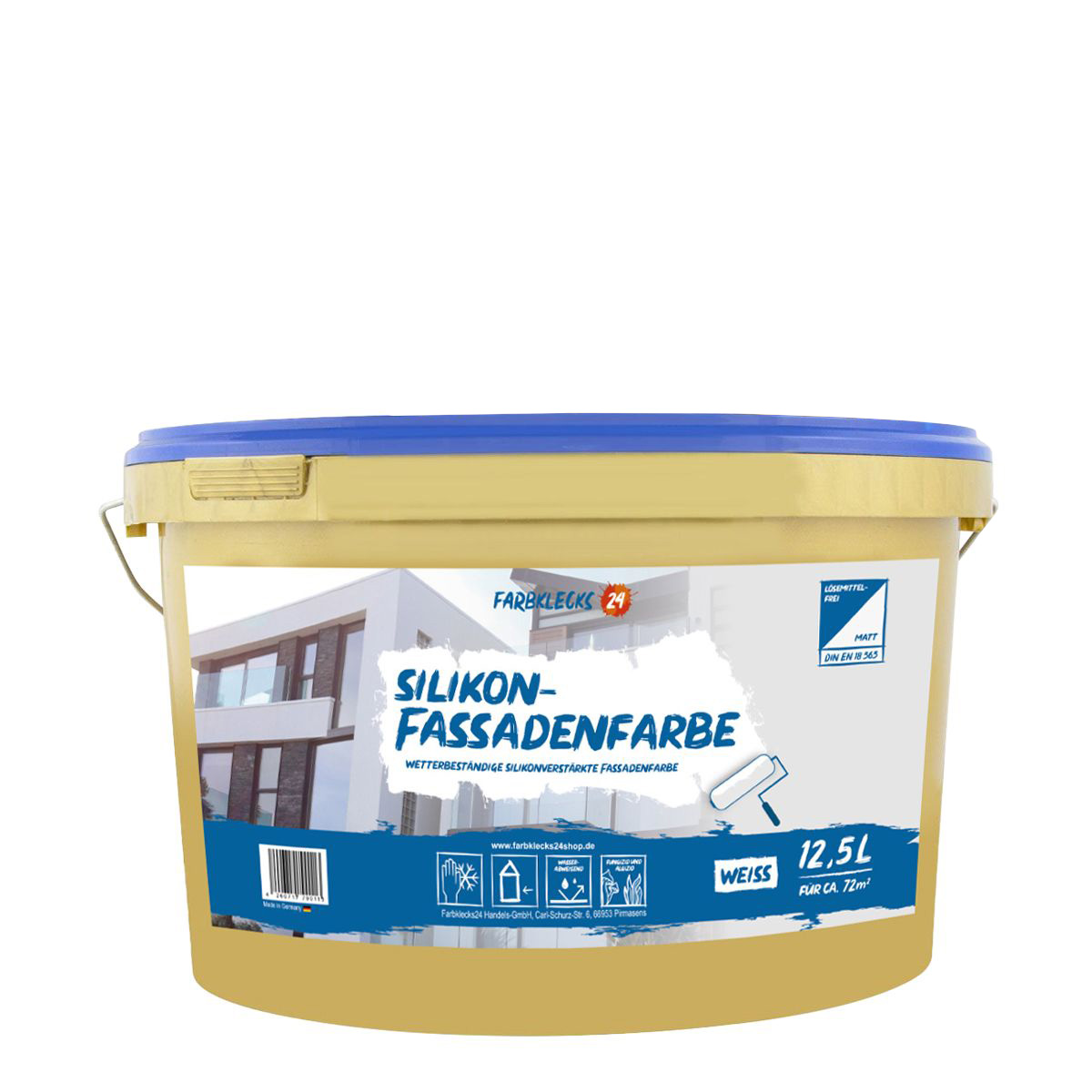 Farbklecks24 Silikon-Fassadenfarbe 12,5L Weiss, Silikonharz verstärkte Fassadenfarbe, mit Apperleffekt
