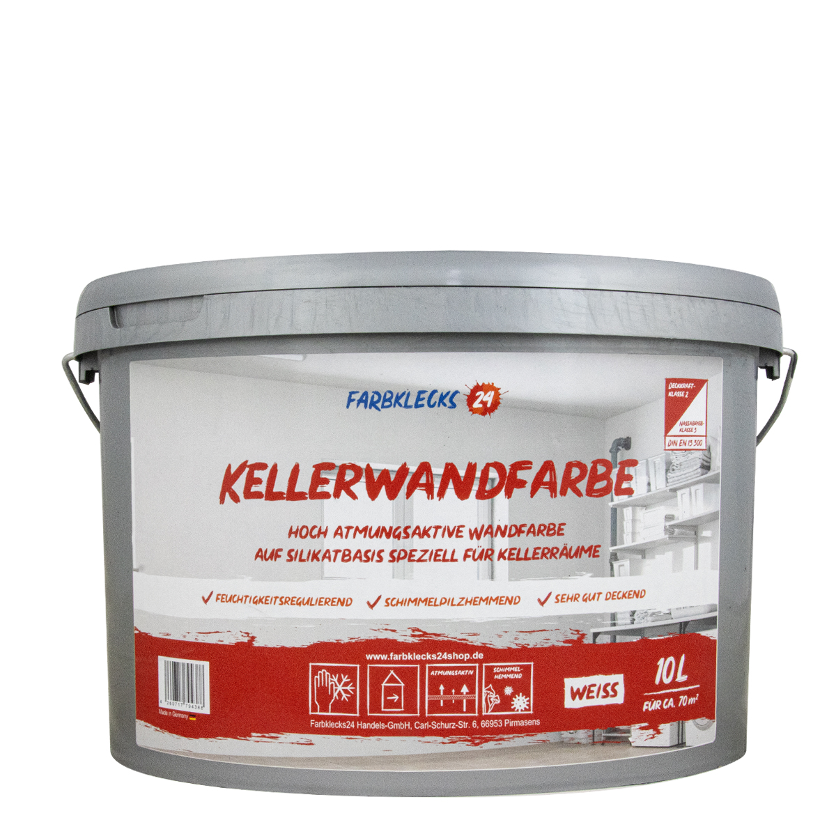 Farbklecks24 Kellerwandfarbe 10L weiß, atmungsaktive Wandfarbe, Silikatfarbe Keller, Keller Farbe
