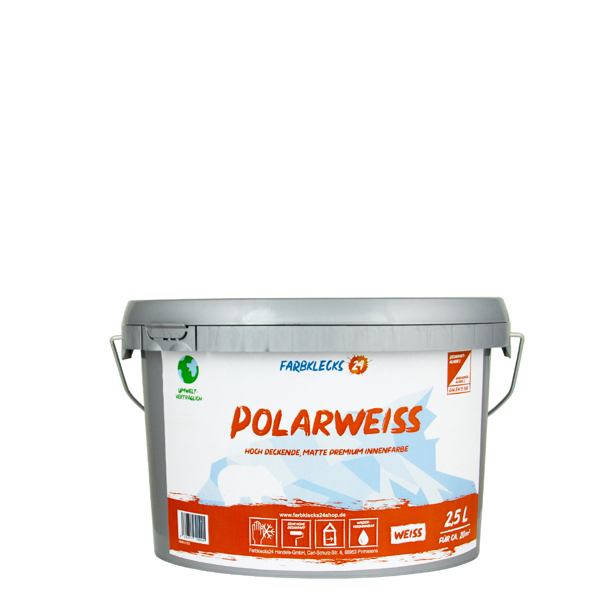 Farbklecks24 Polarweiss 2,5L, Premium Wandfarbe, weiss, sehr hohe Deckkraft