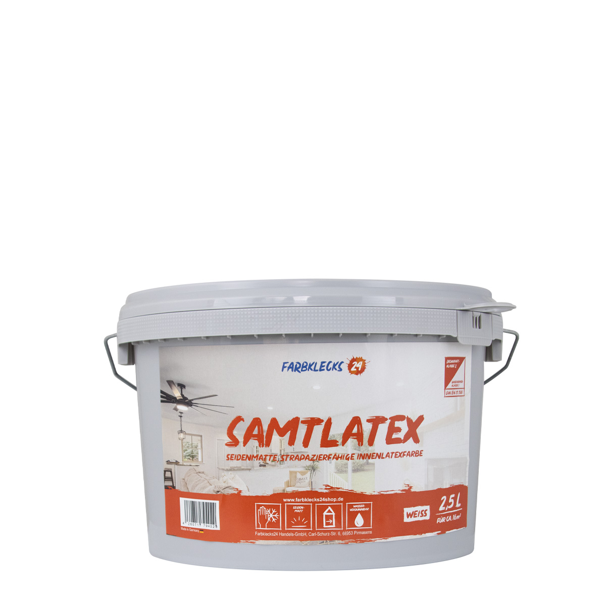 Farbklecks24 Samtlatex 2,5L weiß, seidenmatte Latexfarbe, Badfarbe, Küchenfarbe