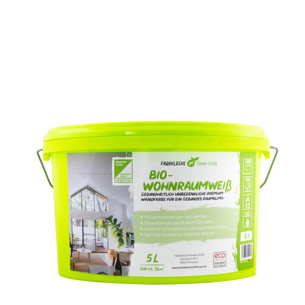 Farbklecks24 Green Living Bio Wohnraumweiss 5L weiß, umweltschonende Wandfarbe
