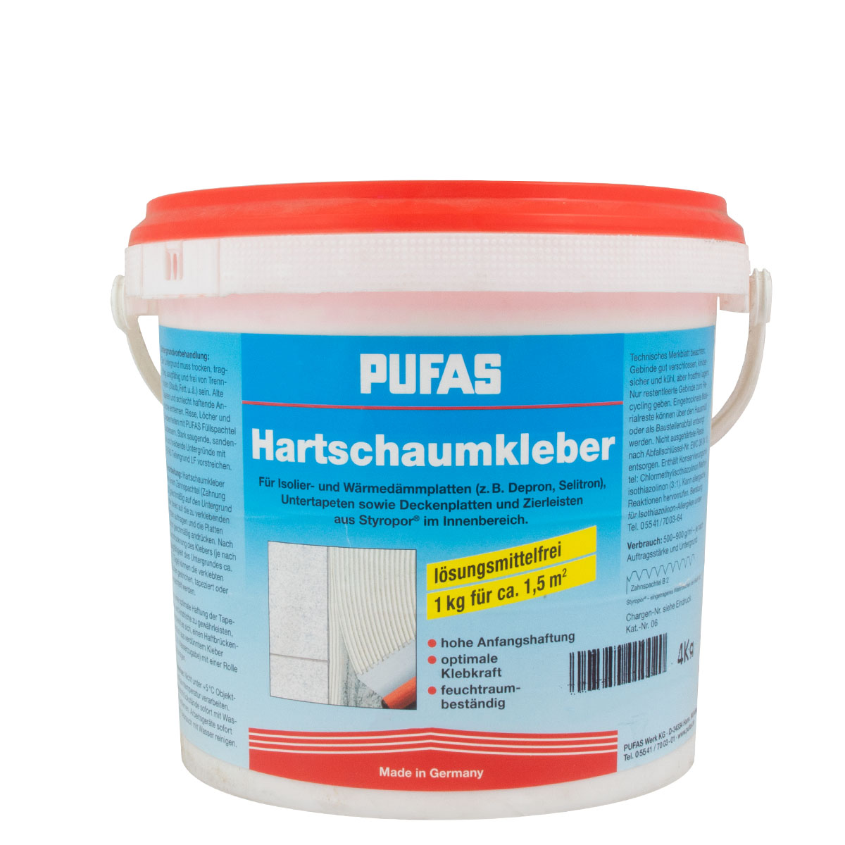 Pufas Hartschaum-Kleber HS 4kg, Dispersionskleber, Dämmstoffkleber für innen