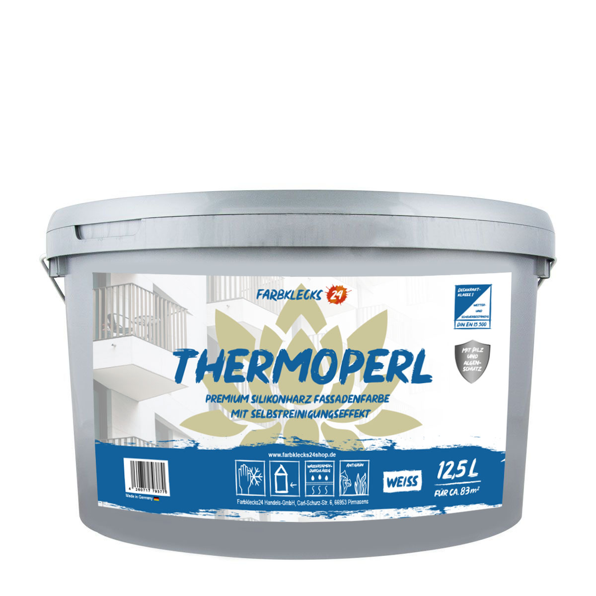 Farbklecks24 Silikonharz-Fassadenfarbe Thermoperl 12,5L weiss, selbstreinigend mit Abperleffekt