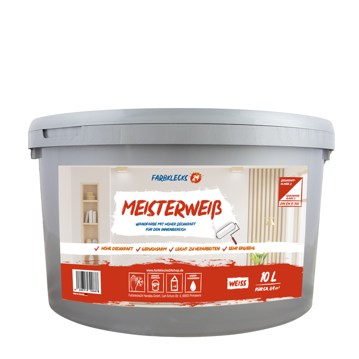 Farbklecks24 Meisterweiß 12,5L Wandfarbe weiß, hohe Deckkraft