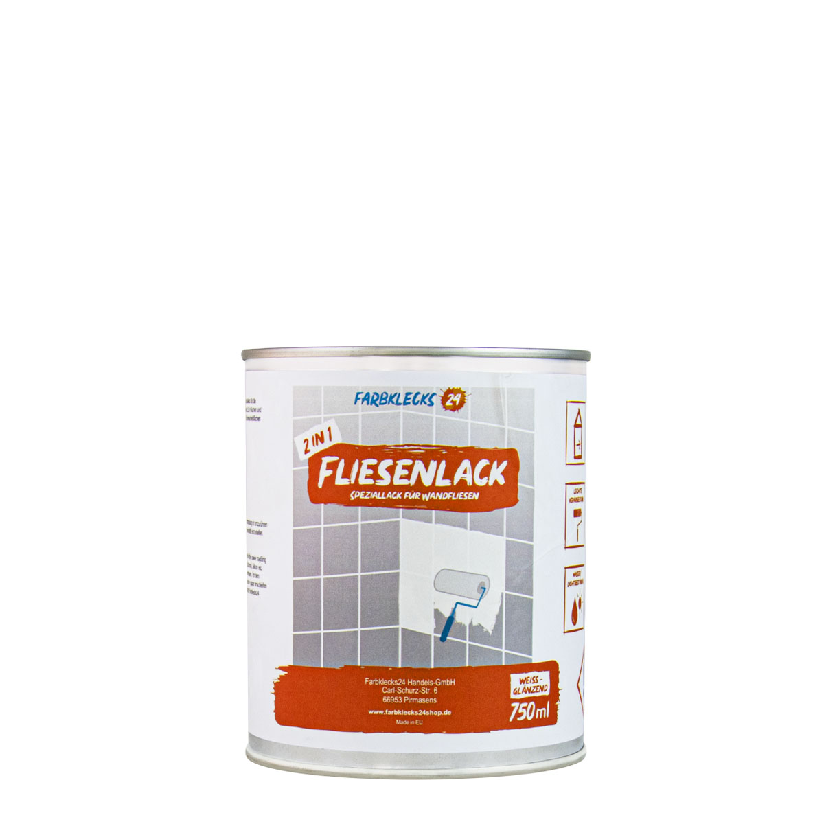 Farbklecks24 Fliesenlack 750ml weiss, glänzend, Lack für Wandfliesen, Fliesenfarbe, für Küche u. Bad