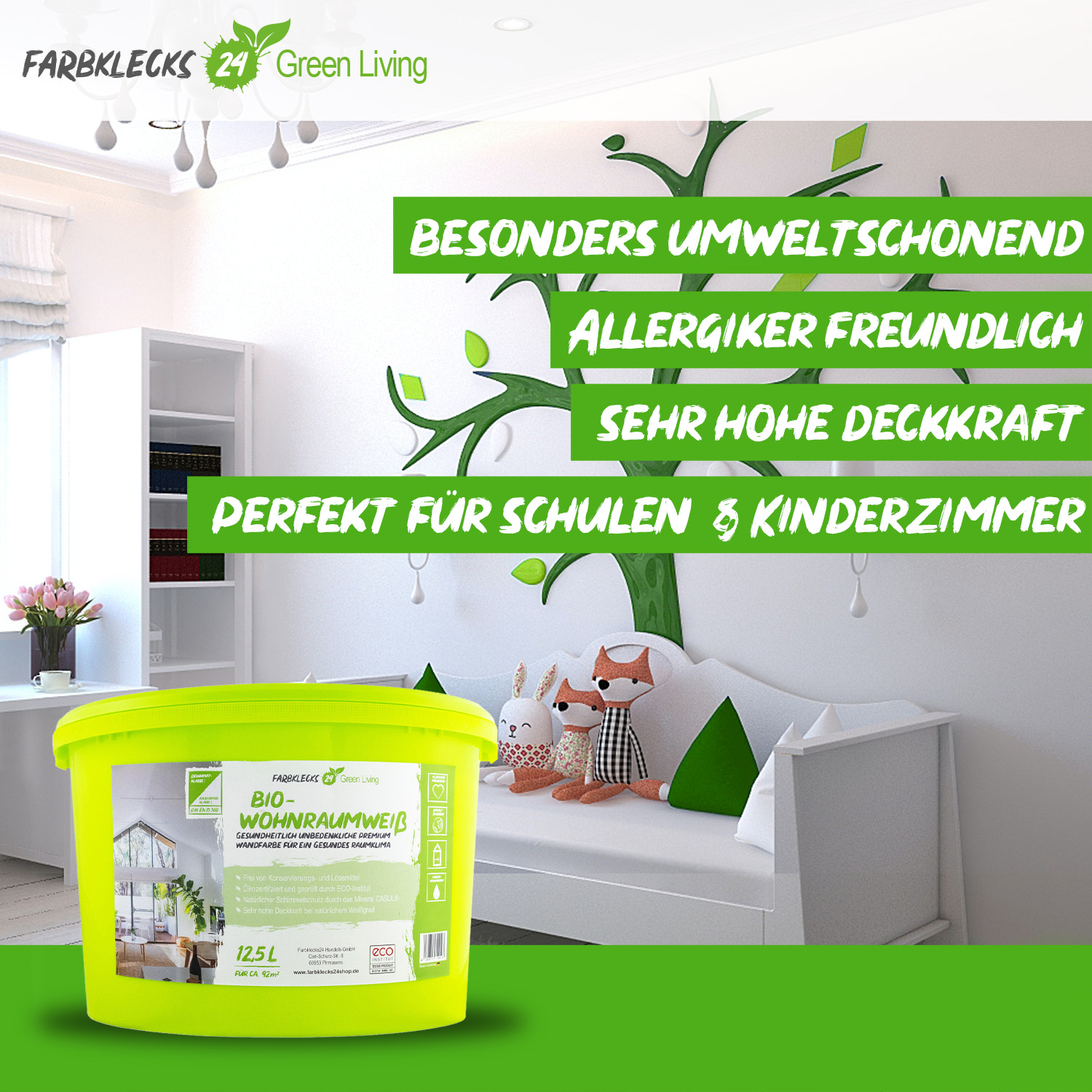 Farbklecks24 Green Living Bio Wohnraumweiss 5L weiß, umweltschonende Wandfarbe