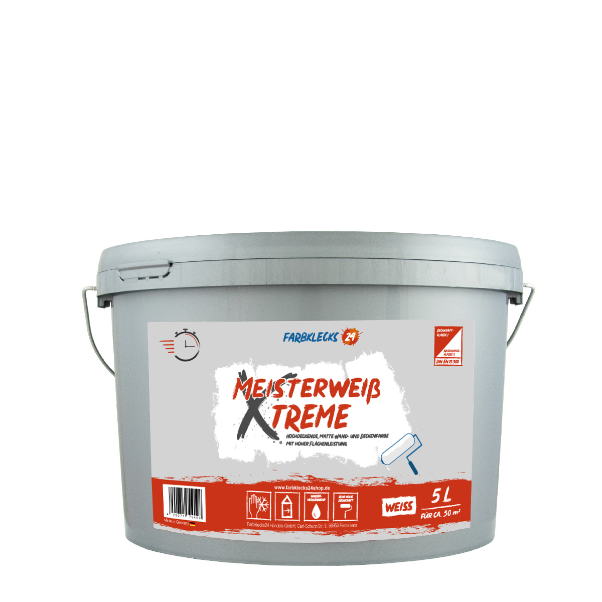 Farbklecks24 Meisterweiß Xtreme 5L weiss, Wandfarbe weiß hohe Deckkraft