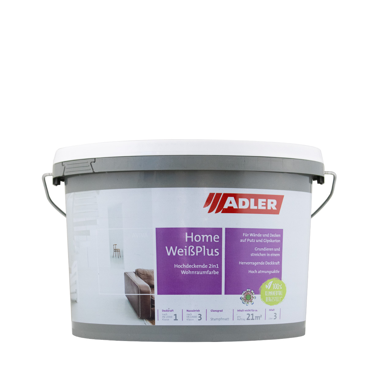 Adler Aviva Home-Weiß Plus 3L, Wandfarbe mit Grundierung, Dispersionsfarbe, Trockenbaufarbe