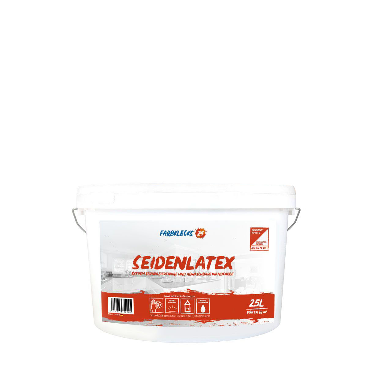 Farbklecks24 Seidenlatex 2,5L weiss, Innenfarbe, Seidenglänzend, abwischbare Latexfarbe, Küchenfarbe, Badfarbe
