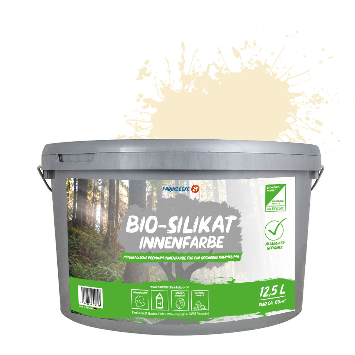 Farbklecks24 Bio-Silikat Innenfarbe Color 12,5L Pastell Beige, Wandfarbe, Silikatfarbe innen, für Allergiker empfohlen