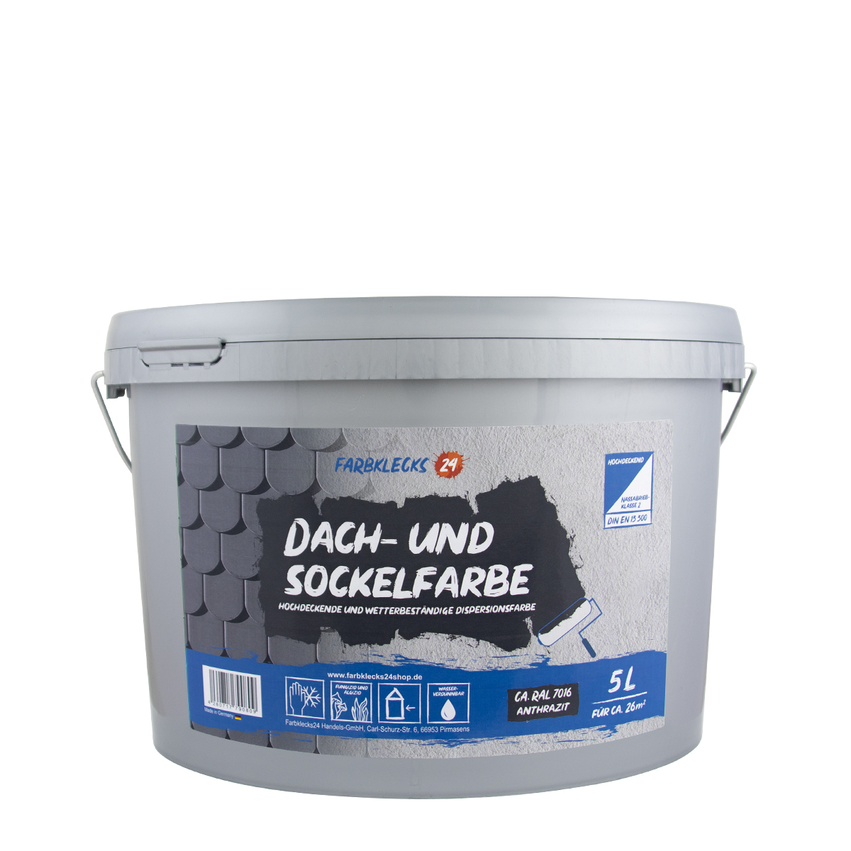 Farbklecks24 Dach und Sockelfarbe 5L ca. RAL 7016 Anthrazit, Dispersionsfarbe