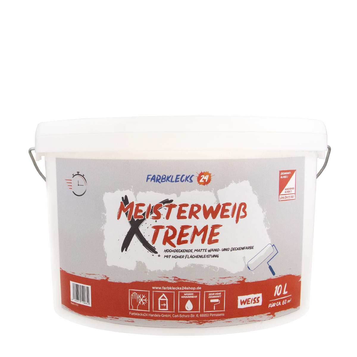 Farbklecks24 Meisterweiß Xtreme 10L weiss, Wandfarbe weiß hohe Deckkraft