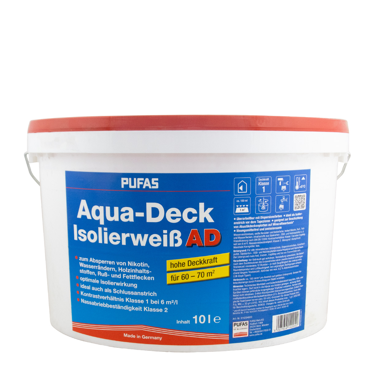 Pufas Aqua-Deck Isolierweiß AD 10L weiß, Wandfarbe, Isolierfarbe, Nikotinfarbe