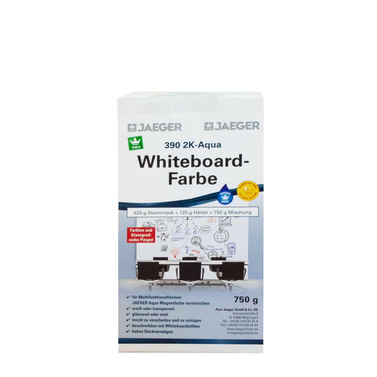 Jaeger 2K-Aqua Whiteboardfarbe Weiss Ral 9016 Seidenglänzend 750g