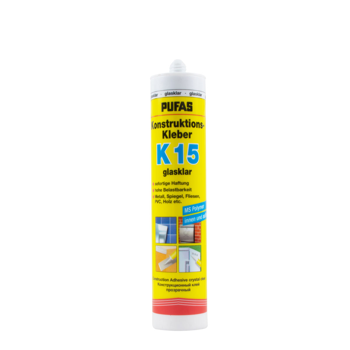 Pufas Konstruktions-Kleber K15 glasklar Kartusche 300g, Montagekleber, Spiegelkleber, MS Polymer