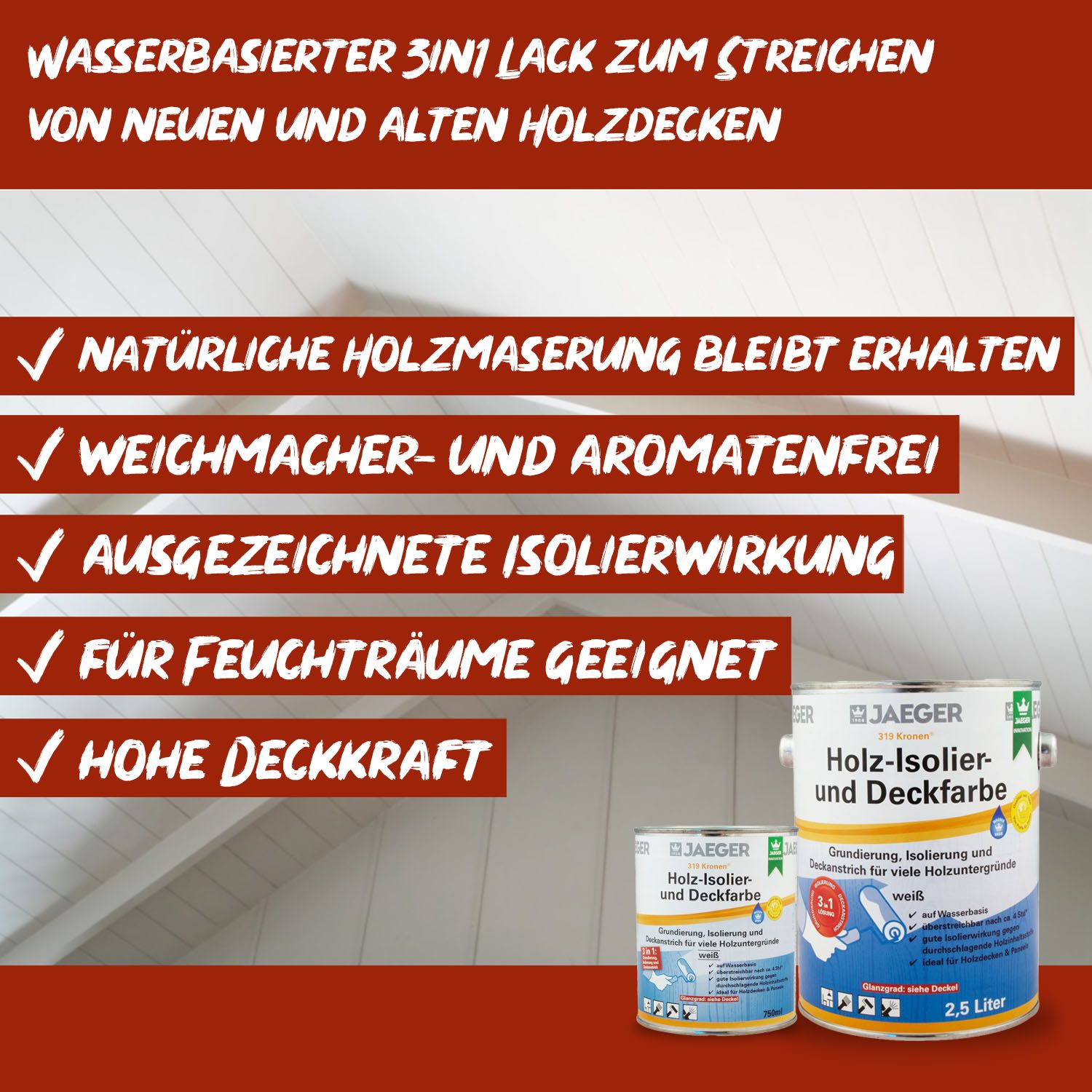 Jaeger Kronen Holz-Isolier- und Deckfarbe 319 weiss 2,5L matt, 3in1 ...